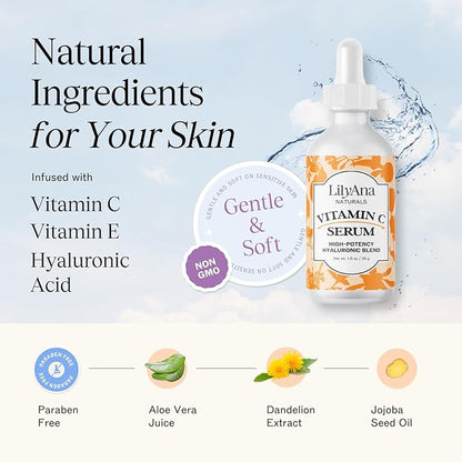 LilyAna Naturals Vitamin C Serum for Face - with Hyaluronic Acid and Vitamin E, Anti Aging Serum, Reduces Age Spots and Sun Damage, Promotes Collagen and Elastin (Double Pack)