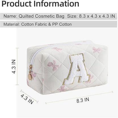 Gleyemor Personalized Initial Makeup Bag for Women, Cute Quilted Pink Floral Cotton Cosmetic Bag, Christmas Gifts for Her Mom Friend Sister Bridesmaid Teacher Women A