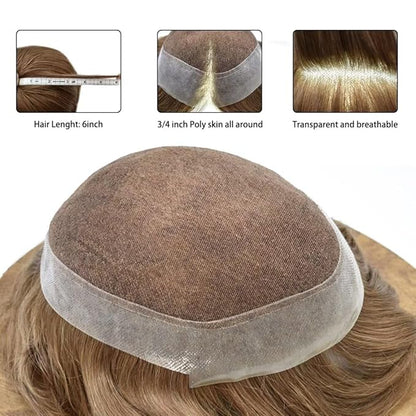 FACE MIRACLE Toupee for Men French Lace Hairpiece Human Hair Replacement System Skin PU Mens Toupee Hair Wigs for Man V-Looped Front Hair Prosthesis 7"X9" 17R#BROWN/BLONDE MIX WARM TONE