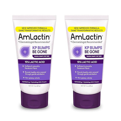 AmLactin KP Bumps Be Gone - Therapeutic Body Cream for Keratosis Pilaris - No-Scrub Exfoliator and Moisturizer with 15% Lactic Acid AHA, 3 oz, Pack of 2 (Packaging May Vary)