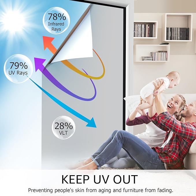 HIDBEA One Way Privacy Window Film, Daytime Privacy Sun Blocking Anti UV Reflective Window Film Heat Control Static Cling Window Tint Film for Home and Office, Silver, 41.3 x 78.7 Inch