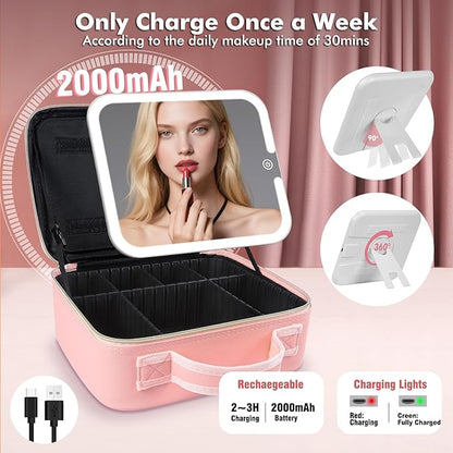 Makeup Bag with Mirror and Light, Travel Makeup Train Case with LED Lighted Removable Mirror, Portable Cosmetic Organizer Make up Bag with 3 Colors Dimming Light, Adjustable Dividers & Brush Board