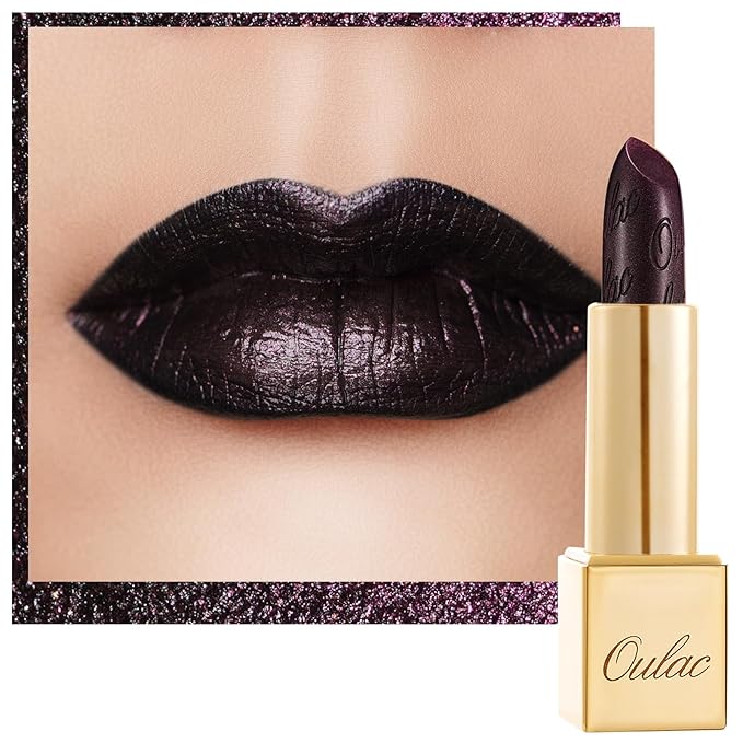 Oulac Halloween Black Lipstick for Women, Black with Raspberry Shimmer, High-Impact Lipcolor with Moisturizing Creamy Formula, Vegan & Cruelty-Free, Midnight Mirage (21)