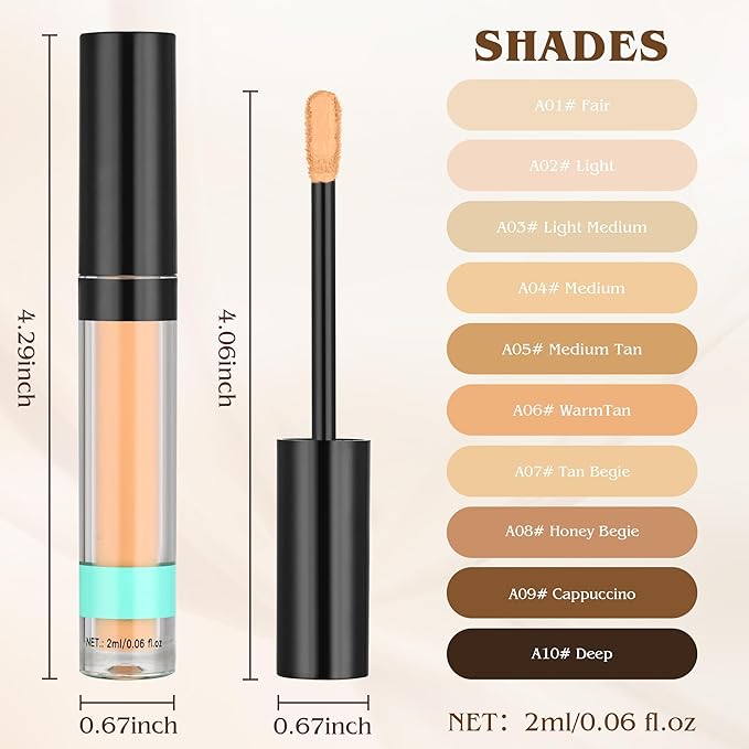 Full Coverage Liquid Concealer, Foundation Makeup for Older Women, Covers Blemishes & Under-Eye Circles, Spots, Matte Finish, Hydrating Primer for Correct, 0.06floz, Vegan & Cruelty-Free 09Cappuccino