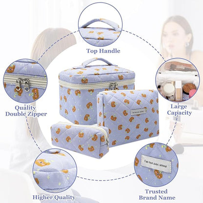 Quilted Makeup Bag Set, 3pc Large Floral Cosmetic Bag for Women, Cute Cotton Makeup Bags, Flower Travel Toiletry Organizer Bag (Blue Small Sheep)