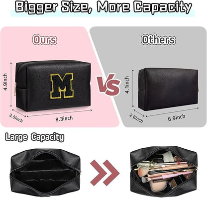 TOPEAST Preppy Stuff for Girls, Initial Makeup Bag Chenille Letter Pouch Cosmetic Bag with Zipper, PU Leather Waterproof Toiletry Bag, Cute Stuff Birthday Gift for Friends Sister (Black T)