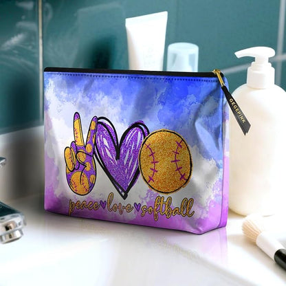 Cute Makeup Bag for Purse Waterproof Cosmetic Bags for Women Funny Smooth Zipper Travel Toiletry Pouch 10X8 Inches-Peace Love Softball Makeup pouch