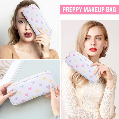 Nylon Small Makeup Bag, Slim Pink Makeup Brush Case, Preppy Cosmetic Zipper Pouch for Purse, Travel Toiletry Bag Clutch Coin Pouch Makeup Organizer for Women Girls (White Heart)