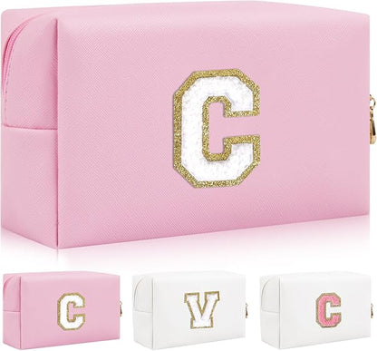 Personalized Initial Letter Patch Makeup Bag, Preppy Portable Chenille Letter Cosmetic Bag with Zipper, PU Leather Waterproof Travel Toiletry Bag Monogram Make Up Pouch for Women Girls