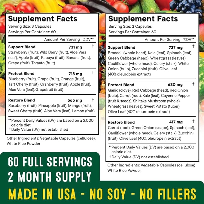 Superfood Fruit and Veggie Supplement - 360 Whole Super Fruit and Vegetable Supplements & Vitamin with Olive Leaf, Soy Free- 180 Count (Pack of 2)
