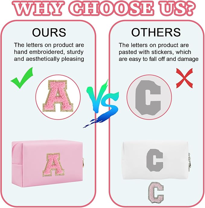 Iqimott Personalized Initial Letter Patch Makeup Bag, Preppy Small Chenille Letter Cosmetic Bag with Zipper, PU Leather Waterproof Travel Toiletry Bag Monogram Make Up Pouch for Women Girls(Letter V)