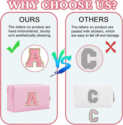Personalized Initial Letter Patch Makeup Bag, Preppy Small Chenille Cosmetic Bag with Zipper, PU Leather Waterproof Travel Toiletry Bag Monogram Make Up Pouch for Women Girls