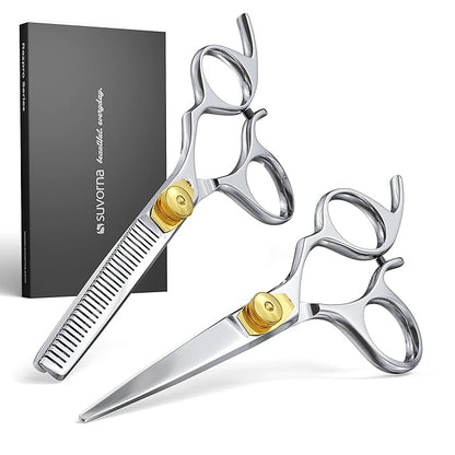 Suvorna Hair Cutting Scissors and Thinning Shears Set - Professional Hair Scissors Set - Barber Supplies and Accessories - Made with 420C Japanese Stainless Steel and Extremely Razor Sharp Edge.