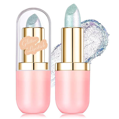 Metallic Blue Lipstick Makeup, Holographic Glitter Lip Stick Long Lasting Lightweight Non-Sticky Hydrating Lip Tinted Full Coverage High-Shine Sparkling Shimmer Lipstick for Women