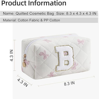 Gleyemor Personalized Initial Makeup Bag for Women, Cute Quilted Pink Floral Cotton Cosmetic Bag, Christmas Gifts for Her Mom Friend Sister Bridesmaid Teacher Women B