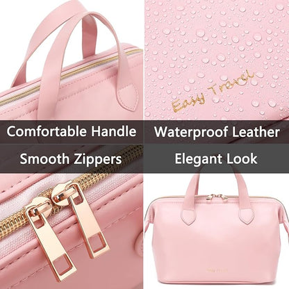 Travel Makeup Bag, Large Wide-open Cosmetic Bag Make Up Organizer Case for Women, Waterproof PU Leather Toiletry Bag Skincare Pouch for Toiletries Accessories Brushes