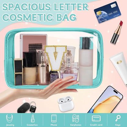 Personalized Initial Clear Makeup Bag, Travel Chenille Patch Cosmetic Bag, Preppy Toiletry Bag Monogram Cosmetic Pouch with Zipper, Ideal Gift for Teen Girls Women (Clear-Green, V)