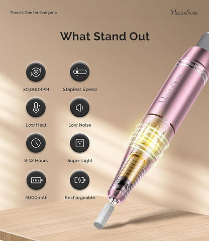 MelodySusie Professional Rechargeable Nail Drill 30000 RPM, Electric Nail File for Shaping, Removing & Polishing Gel Nails, Lightweight & Easy to Use, Ideal for Home & Salon Manicure Pedicure, SC300F