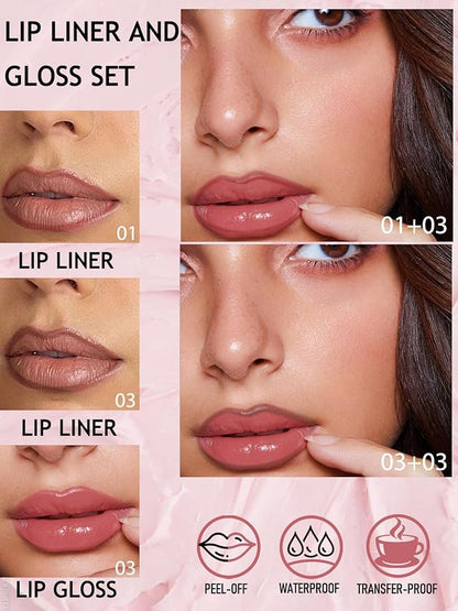 Peel Off Tattoo Lip Liner Stain Lip Gloss Combo Sets, 2 Colors Rose Pink Brown Matte Lip Liner and Nourishing Lip Gloss Tint Stain Kit, Long Lasting Waterproof Non Sticky Liquid Lipstick Makeup-Set 03
