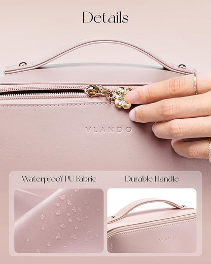 Vlando Makeup Bag,Large Capacity Travel Toiletry Bag,Cosmetic Bags for Women PU Leather Waterproof Portable Pouch with Divider & Handle-Pink