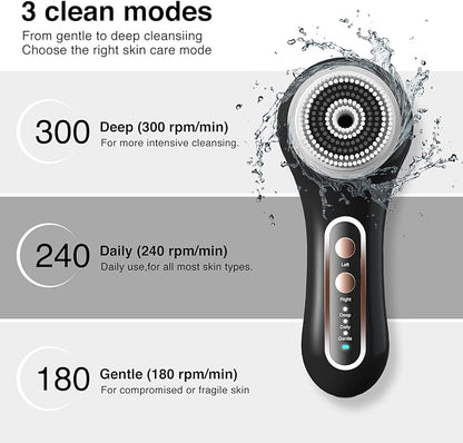 Face Scrubber Exfoliator, Rechargeable Facial Cleansing Brush with 2-Way Rotation & 3 Modes, 30-Day Runtime, 5 Brush Heads for SPA-Level Care, IPX7 Waterproof, Deep Cleaning for All Skin Types