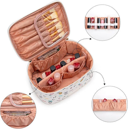 Montana West X Wrangler Travel Makeup Bag 2pcs Set Large Cosmetic Bag with Makeup Brush Holder Portable Make Up Organizer Cute Toiletry Bag with Divider and Handle for Women Beige