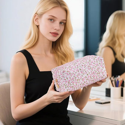 Makeup Bag Travel Toiletry Bag for Women, Small Cosmetic Bags Cute Quilted Cotton Makeup Pouch for Purse Emergency Bag for School Floral Pencil Case Accessory Bag, Pink