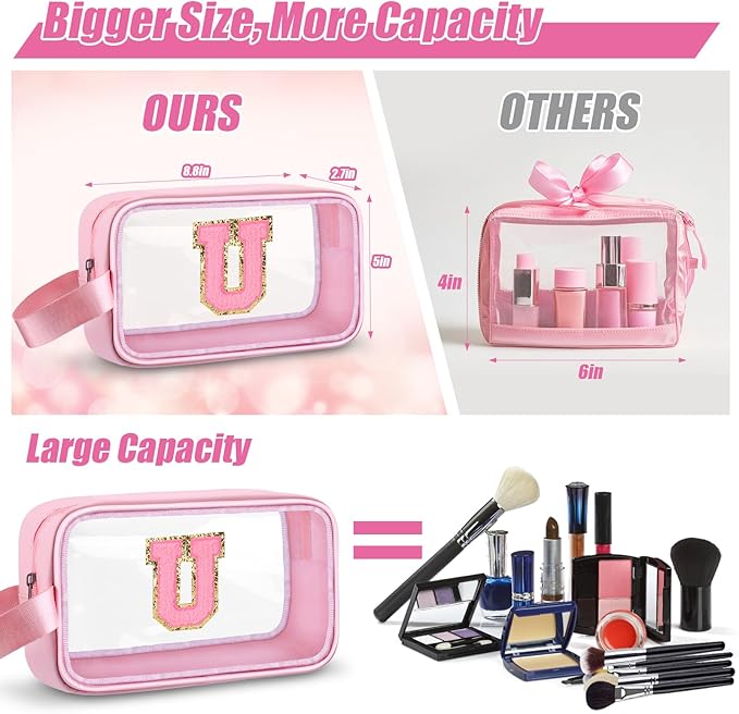 Initial Makeup Bag,Letter U Cute Clear Monogrammed Cosmetic Travel Bag for Womens Girls,Personalized Pink Aesthetic Traveling Make Up Organizer Bag for Beach,Waterproof Toiletry Bag