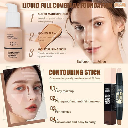 All in One Makeup Kit for Women Full Kit,Travel Make Up Gift Set for Women Teens Girls, Includes Eyeshadow,CC,Foundation,Lipstick,Mascara,Brush,Sponge,Brow Powder & Soap,Eyeliner,Primer,Contour,Bag