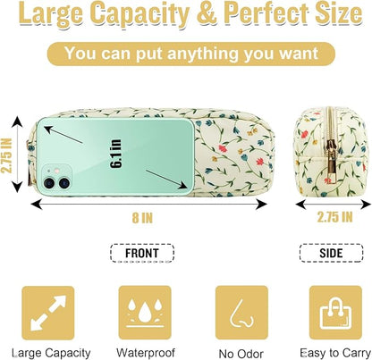 Nylon Small Floral Makeup Bag Slim Pouch, Preppy Cute Makeup Brush Case Bag Flower Cosmetic Zipper Pouch for Purse, Waterproof Travel Toiletry Bag Make Up Organizer for Women Girl(Light Yellow-Flower)