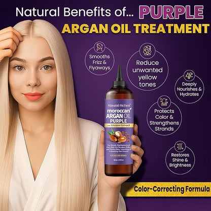 Natural Riches Moroccan Argan Oil Purple, Anti-Brass Hair Treatment with Linseed Extract for Silver Blonde Platinum Hair removes Yellow & Brass tones. Grey Highlighted Hair 8 fl oz