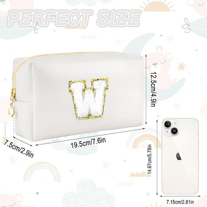 Gifts for Girls Initial Makeup Bag Personalized Cosmetic Bag with Zipper Cute Travel Toiletry Bags Waterproof PU Preppy Makeup Pouch Birthday Gift for Teen Girls Women(White W)