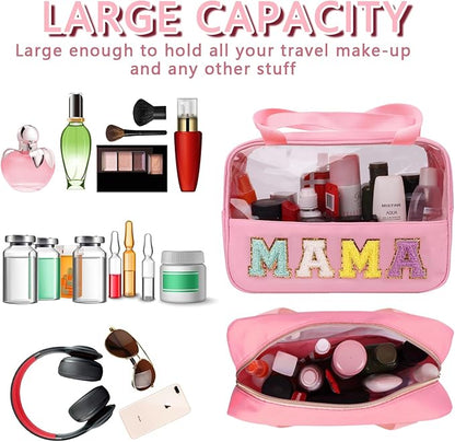 Iqimott Chenille Letter Patch Mama Bag, Preppy Clear Makeup Cosmetic Bag Large Toiletry Storage Tote Bag with Handle, Transparent Nylon Waterproof Organizer Zipper Pouch for Travel Women Girls(Pink)