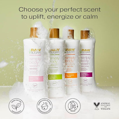 RAW SUGAR Moisture Loving Body Wash - Watermelon + Fresh Mint, Moisturizing & Refreshing Bath & Shower Gel, Sulfate-Free, Paraben-Free & Vegan (Pack of 3)