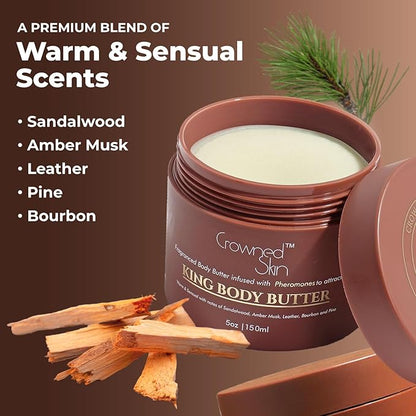 Crowned Skin King Cologned Body Butter | Warm and Sensual Scent | Blended with Sandalwood & Leather | Infused with Organic Shea & Mango Butters | Moisturizing Formula with All-Day Fragrance | 5oz