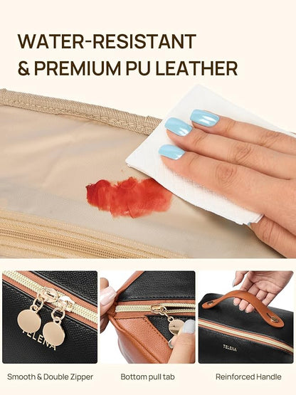 Telena Leather Make Up Bag Portable Travel Makeup Bag Waterproof Cosmetic Bags for Women Large Capacity With Handle and Divider Open Flat