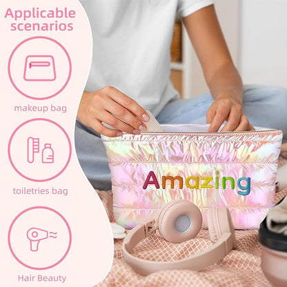 Hiroyuki Iridescent Quilted Makeup Bag, 3pcs Cosmetic Bag Set, Large Capacity Travel-Friendly Pouch (URAmazing, pink)