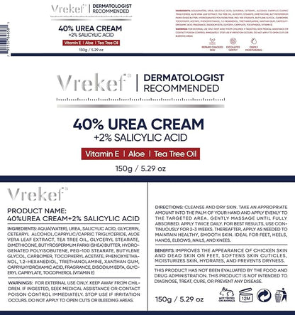 Urea Cream 40 Percent for Feet Maximum Strength, Urea Cream 40% Plus Salicylic Acid 2%, Foot & Hand Cream for Dry Cracked