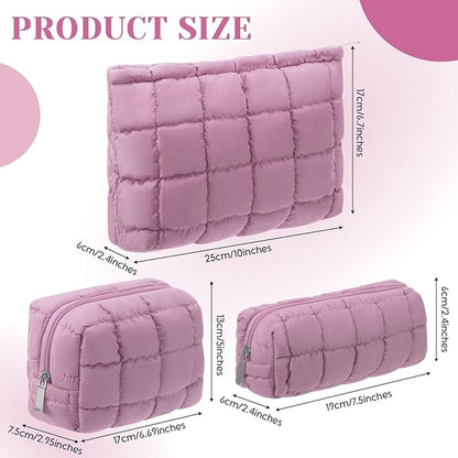 3 Pcs Puffy Makeup Bag Quilted Cosmetic Pouch for Women Cute Checkered Travel Toiletry Bag Puffer Makeup Organizer Purse Pouch Preppy Pencil Case with Zipper(Nude Pink)