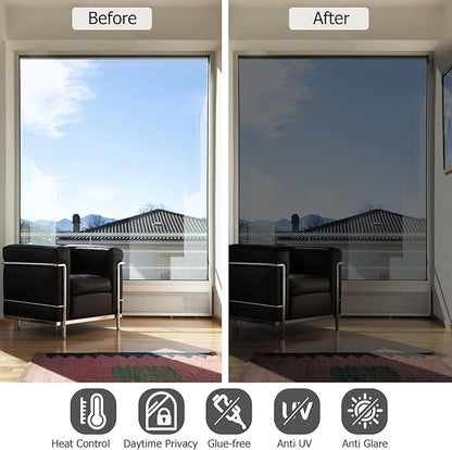 HIDBEA One Way Window Film, Daytime Privacy Sun Blocking Reflective Window Film No Glue Static Cling Heat Control Window Tinting Film for Home and Office, Black Silver, 41.3 x 157.5 Inch