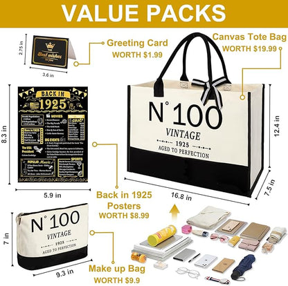 100th Birthday Gifts for Women Canvas Tote Bag Travel Gear,Unique 100 Years Old Gifts for Wife Mom Sister Aunt Friends Her, Vintage N°100 Handbag & Cosmetic Bag & Back in 1925 Poster