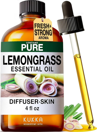 KUKKA Lemongrass Essential Oils - 4 Fl Oz - for Hair, Skin, Diffuser, Aromatherapy & DIY Soap Making Scent