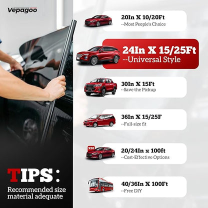 Vepagoo 35% VLT Ceramic Car Window Tint Film (24" x 15FT) - Heat & Glare Reduction, Blocks UV & IR Rays, Scratch Resistant, Privacy Car Window Tint Fit for Sedan SUV
