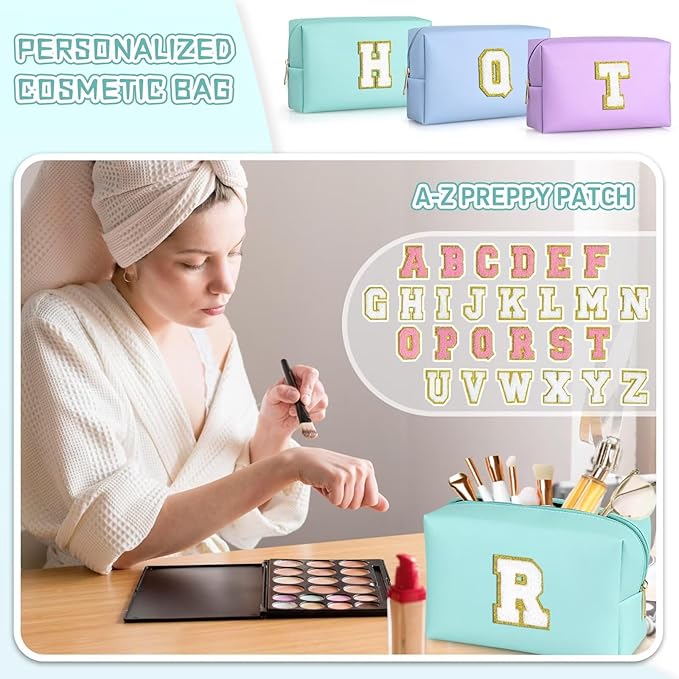 TOPEAST Monogrammed Gift for Women Girls, Personalized Initial Makeup Bags Cosmetic Bag with Zipper, Cute Makeup Pouch, PU Leather Waterproof Toiletry Bag, Preppy Gifts Stuff for Girl (Blue E)
