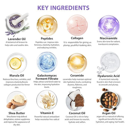 Lavender Face Sheet Mask Pack, 55Pcs Skin Care Kit for Women, Overnight Collagen Mask, Gel Lip Mask, Clay Mask, Hyaluronic Acid Face Serum, Spa Headband, Beauty Care, Christmas, Birthday, Mother Day