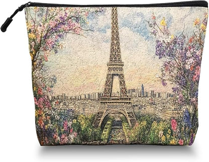 Cosmetic Bags Travel Makeup Toilet Case Waterproof Pouch for Women Girls 6.7X9.45inches - The Eiffel Tower Surrounded By Spring Flowers