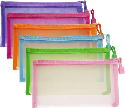 Mesh Pouches(6 Pack), Mesh Bags with Zipper Nylon Makeup Pouches Bag Cosmetic Pouch Travel Purse Organizer Insert Diaper Inside Bag Organizers Home Organizing Size See Through Cute Colors