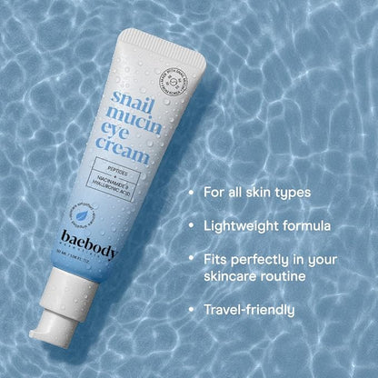 Baebody Snail Mucin Eye Cream (30 ml/1.06 fl oz) - Anti-Aging Eye Cream for Dark Circles and Dry Skin - Snail Mucin Serum with Peptides and Hyaluronic Acid