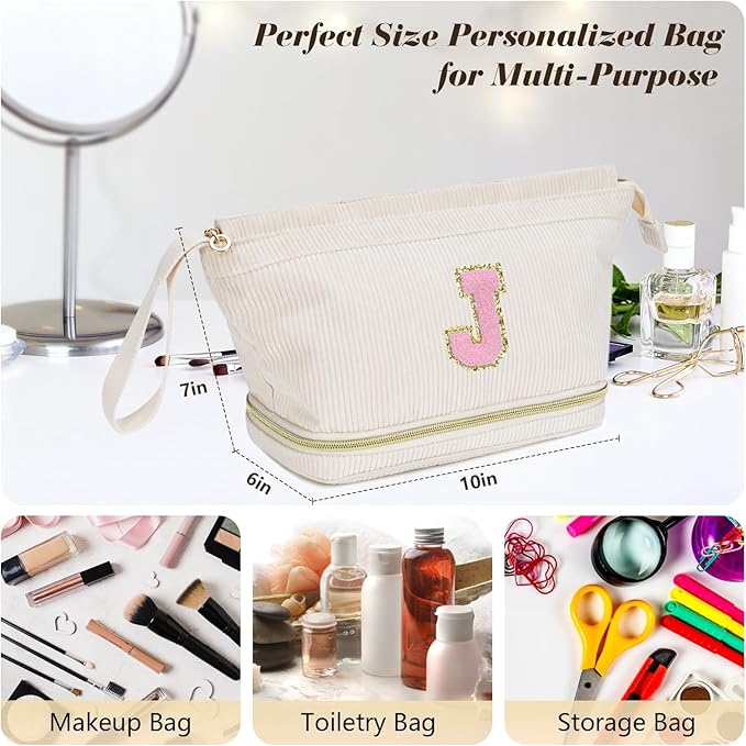 Makeup Bag for Girls Gift, Personalized Christmas Gifts Initial Women Makeup Bag for Travel, Double Layer Cosmetic Bag with Brush Organizer Preppy Make up Bag for Teen Girl Trendy - S