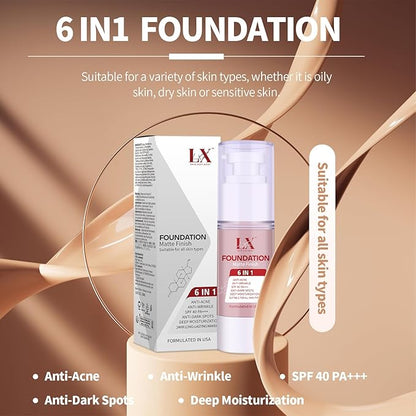 6-in-1 Makeup Infused with 1% Hyaluronic Acid- Matte + Poreless Liquid Foundation For A Glowing & Soft-Focus Look, Suitable for All Skin Types (201 Medium, 6-in-1 Makeup Foundation)